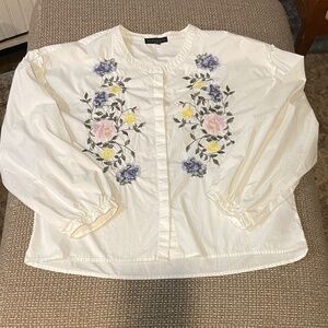 Sanctuary White Blouse Top Embroidered Floral Long Sleeve Top Sz Medium M Cotton